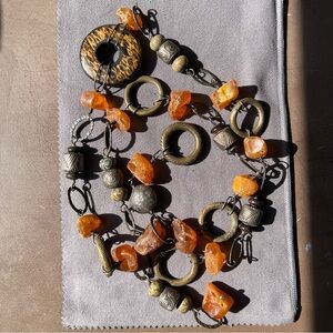 Raw Amber African Brass Thai hilltribe silver Convertible necklace/belt 40+”